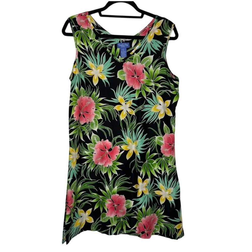 Paradise Bay Dress Womens PL Black Tropical Floral Shift Summer Resortwear